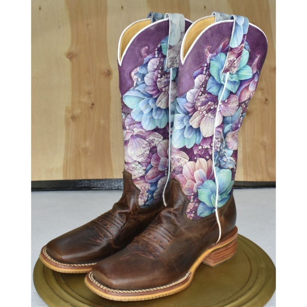Tin Haul Honeylicious Women Western Boot Size 6 Brown Floral Broad Square Toe